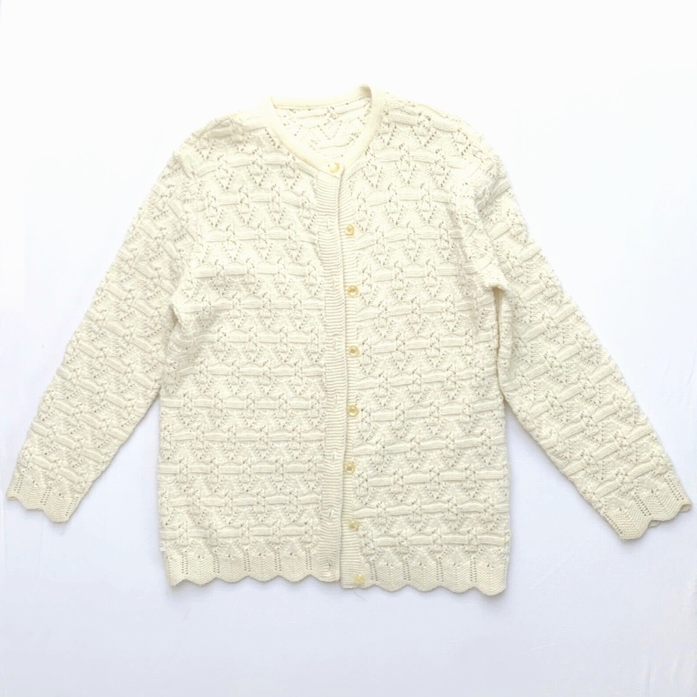 Vintage Ivory Eyelet Knit Button Up Boho Fairy Grunge Cottage Cardigan Sweater L